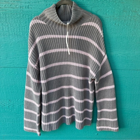 CASLON CHUNKY KNIT MOCK NECK COTTON SWEATER GRAY BABY PINK STRIPES SZ SMALL NWT - Picture 1 of 9